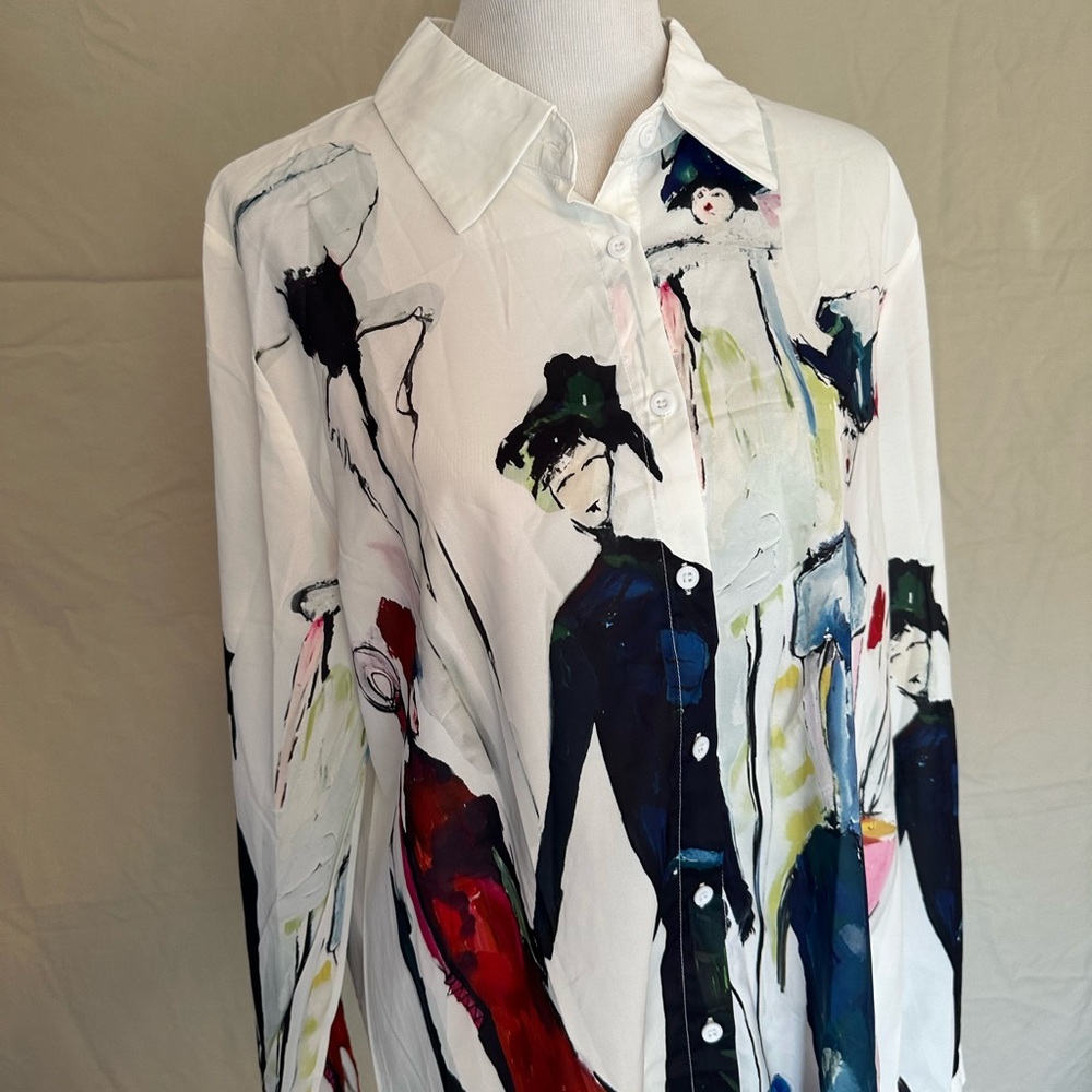 NWOT Artistic Print Button-Up Shirt long sleeve blouse XL Shein multicolor white - Picture 3 of 16